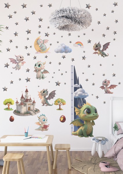 Bebek Ejderhalar Boy Ölçerli Duvar Sticker Seti - Mat, Sökülebilir, Çocuk Odası Dekoru