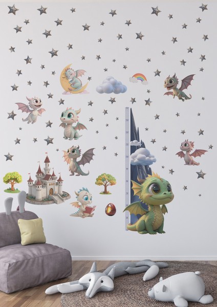 Bebek Ejderhalar Boy Ölçerli Duvar Sticker Seti - Mat, Sökülebilir, Çocuk Odası Dekoru fiyatları