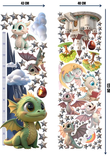 Bebek Ejderhalar Boy Ölçerli Duvar Sticker Seti - Mat, Sökülebilir, Çocuk Odası Dekoru fırsatları