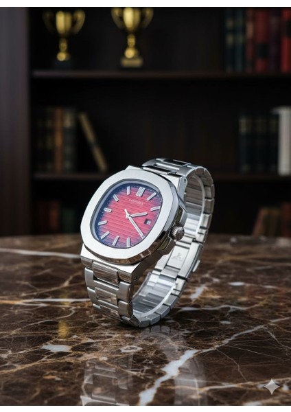 Patek Model Çelik Kasa Kordon Kırmızı Kadran Erkek Kol Saati - Eşref Tek Saati, Su Geçirmez, Kelebek Klipsli, Lüks Tasarım