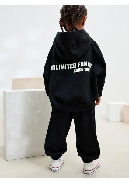 Unisex Çocuk Pamuklu Siyah Kapüşonlu Sweat & Jogger Eşofman Takım