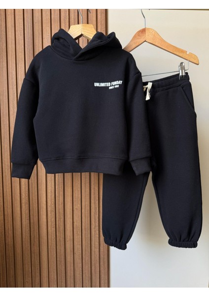 Unisex Çocuk Pamuklu Siyah Kapüşonlu Sweat & Jogger Eşofman Takım