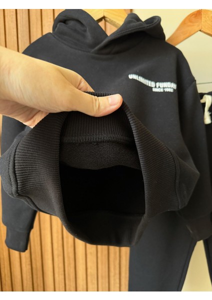 Unisex Çocuk Pamuklu Siyah Kapüşonlu Sweat & Jogger Eşofman Takım