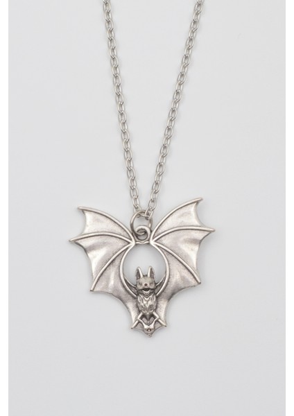 Gotik Yarasa Kolye - Düz Ezme İthal Zincirli Unisex Gümüş Kaplama Kolye - 60 cm