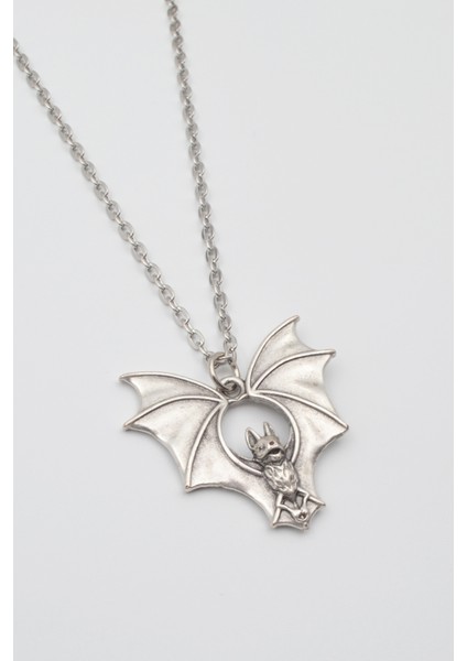 Gotik Yarasa Kolye - Düz Ezme İthal Zincirli Unisex Gümüş Kaplama Kolye - 60 cm fiyatları