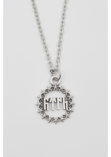 Göktürkçe Türk Yazılı ve Yıldızlı Kolye - Düz Ezme İthal Zincirli Unisex Gümüş Kaplama - 60 cm