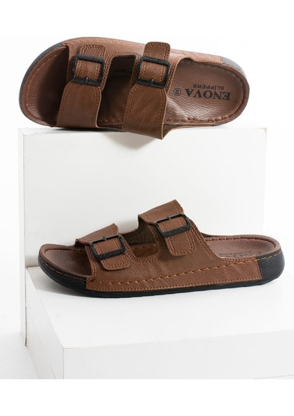 Erkek Ortopedik Günlük Deri (Suni) Çift Tokalı Rahat Dikişli Içeri Dışarı Terlik