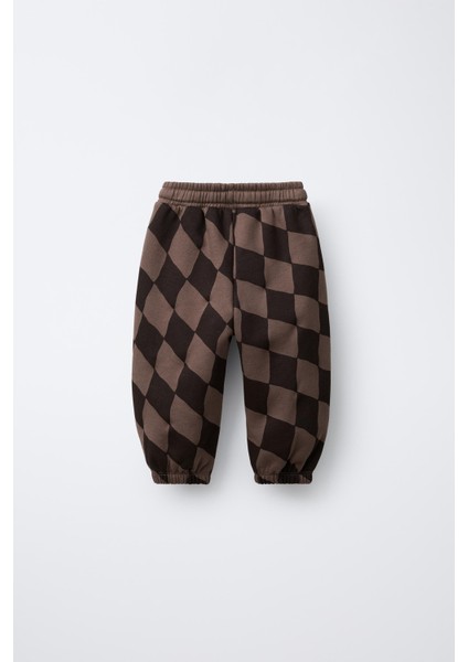 Erkek Çocuk Pamuklu Kahverengi Checkered Desenli Eşofman Altı – Rahat Elastik Bel fiyatları