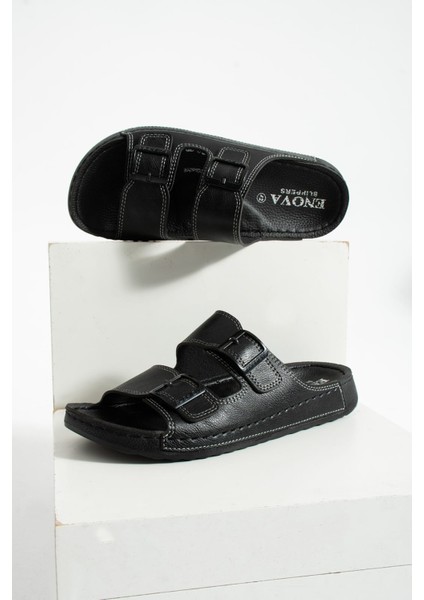 Erkek Ortopedik Günlük Deri (Suni) Çift Tokalı Rahat Dikişli Içeri Dışarı Terlik