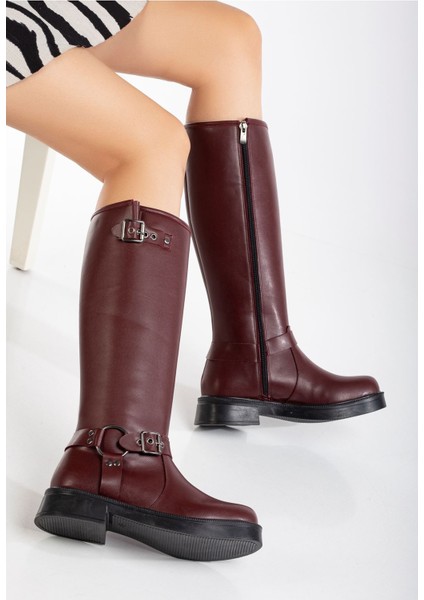 ZPİN-312 Premium Bordo Toka Aksesuarlı Fermuarlı Günlük Kadın Çizme