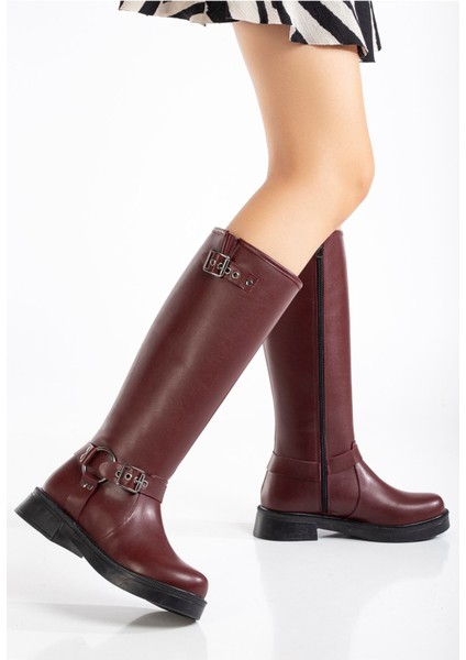 ZPİN-312 Premium Bordo Toka Aksesuarlı Fermuarlı Günlük Kadın Çizme modelleri