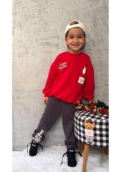 Erkek Çocuk Pamuklu Kırmızı Penguen Baskılı Sweat & Siyah Eşofman Takım – Oversize fiyatları