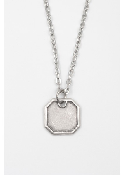 Sekizgen Geometrik Kolye - Düz Ezme İthal Zincirli Unisex Gümüş Kaplama Kolye - 60 cm