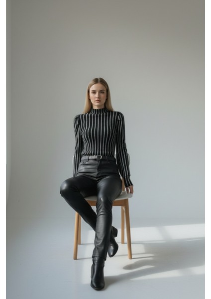 Bayan Siyah Simli Çizgili Bluz