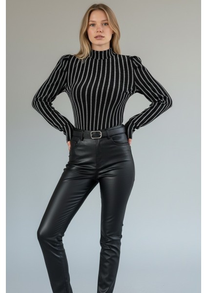 Bayan Siyah Simli Çizgili Bluz modelleri