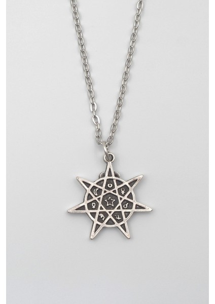 Modern Heptagram Yıldız Kolye - Düz Ezme İthal Zincirli Unisex Gümüş Kaplama - 60 cm
