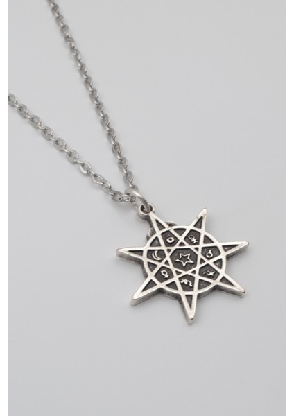 Modern Heptagram Yıldız Kolye - Düz Ezme İthal Zincirli Unisex Gümüş Kaplama - 60 cm fiyatları