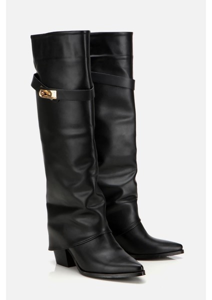 Kadın Siyah Tokalı Diz Altı Kalın Topuklu Çizme fiyatları