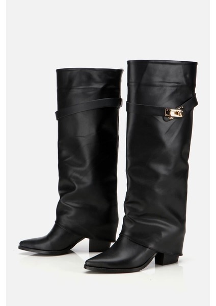 Kadın Siyah Tokalı Diz Altı Kalın Topuklu Çizme indirimleri