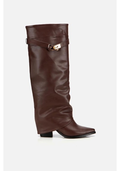 Kadın Kahverengi Tokalı Diz Altı Kalın Topuklu Çizme