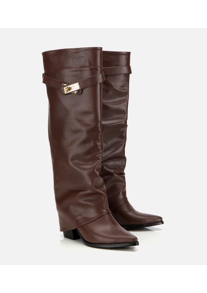 Kadın Kahverengi Tokalı Diz Altı Kalın Topuklu Çizme fiyatları