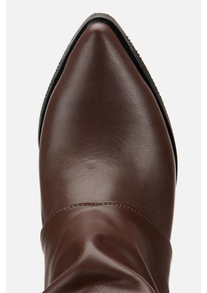 Kadın Kahverengi Tokalı Diz Altı Kalın Topuklu Çizme