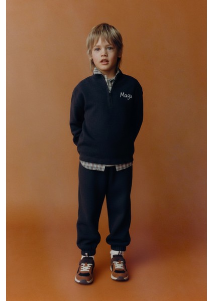 Erkek Çocuk Pamuklu Siyah Fermuarlı Sweatshirt & Jogger Eşofman Takım