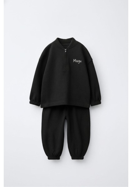 Erkek Çocuk Pamuklu Siyah Fermuarlı Sweatshirt & Jogger Eşofman Takım fiyatları