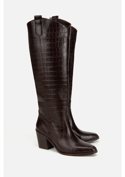 Kadın Kahverengi Kroko Desenli Kovboy Topuklu Çizme fiyatları