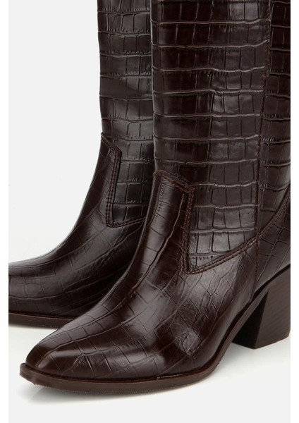 Kadın Kahverengi Kroko Desenli Kovboy Topuklu Çizme modelleri