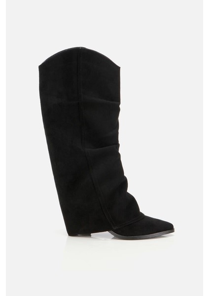 Kadın Süet Siyah Dikiş Detaylı Western Kalın Topuklu Çizme