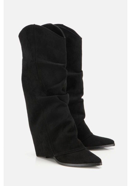 Kadın Süet Siyah Dikiş Detaylı Western Kalın Topuklu Çizme fiyatları