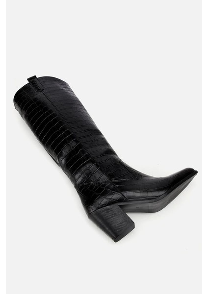 Kadın Siyah Kroko Desenli Kovboy Topuklu Çizme