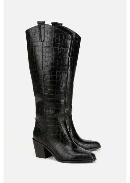 Kadın Siyah Kroko Desenli Kovboy Topuklu Çizme fiyatları