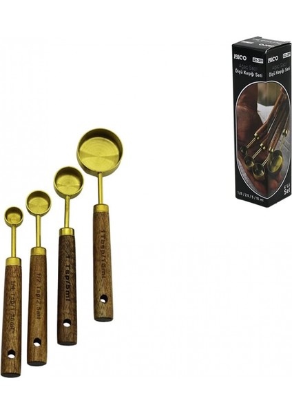 4 Pcs Gold Metal Ölçü Kaşık Seti Otantik Ağaç Kulp 15ML - 5ml - 2.5ml - 1.25ML (4887)