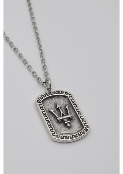 Poseidon Mızrağı Künye Kolye - Düz Ezme İthal Zincirli Unisex Gümüş Kaplama - 60 cm fiyatları