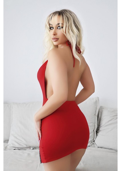 - Bacak Kısmı Boncuk Detaylı Kırmızı Mini Fantezi Gecelik fiyatları