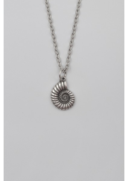 Spiral Deniz Kabuğu Kolye UcDüz Ezme Zincir Kolye - Antik Gümüş Kaplama - Kadın Erkek - 60 cm