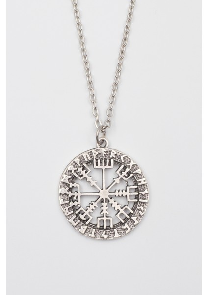 Viking Pusula Kolye (Vegvisir) - Düz Ezme İthal Zincirli Unisex Gümüş Kaplama - 60 cm