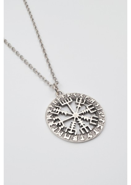 Viking Pusula Kolye (Vegvisir) - Düz Ezme İthal Zincirli Unisex Gümüş Kaplama - 60 cm fiyatları