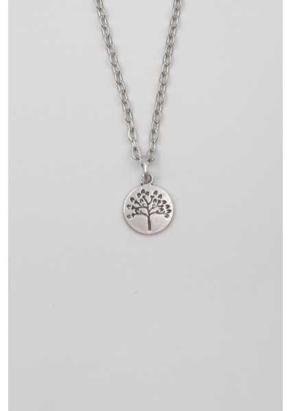 Yuvarlak Hayat Ağacı Düz Ezme Zincir Kolye - Antik Gümüş Kaplama - Kadın Erkek - 60 cm
