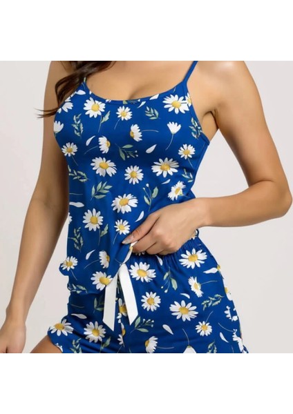 Papatya Desenli Mavi Askılı Şortlu Pijama Takımı Mavi modelleri