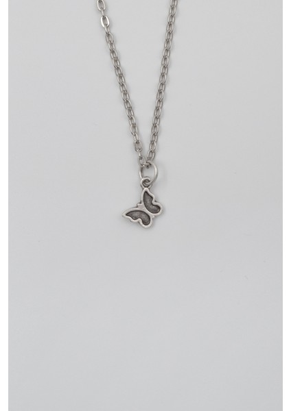 Minimalist Kelebek Düz Ezme Zincir Kolye - Antik Gümüş Kaplama - Kadın Erkek - 60 cm