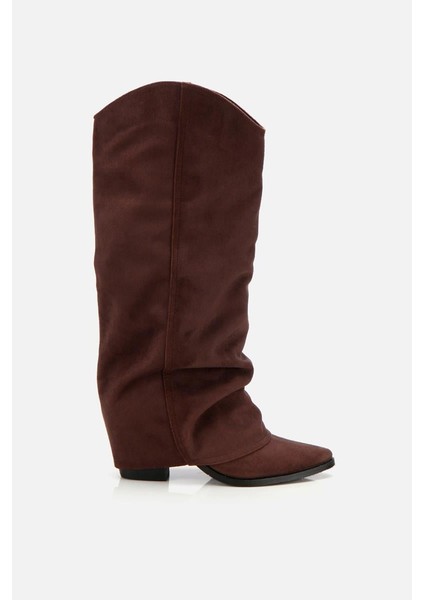 Kadın Süet Kahverengi Dikiş Detaylı Western Kalın Topuklu Çizme