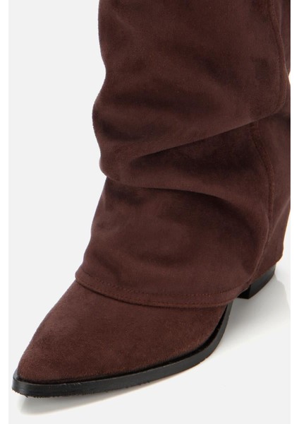 Kadın Süet Kahverengi Dikiş Detaylı Western Kalın Topuklu Çizme modelleri