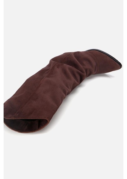 Kadın Süet Kahverengi Dikiş Detaylı Western Kalın Topuklu Çizme