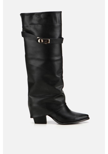 Kadın Siyah Tokalı Diz Altı Kalın Topuklu Çizme