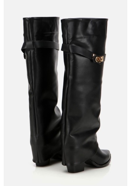 Kadın Siyah Tokalı Diz Altı Kalın Topuklu Çizme modelleri