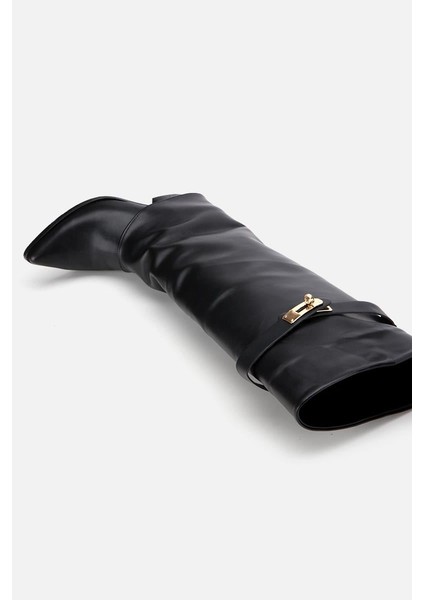 Kadın Siyah Tokalı Diz Altı Kalın Topuklu Çizme