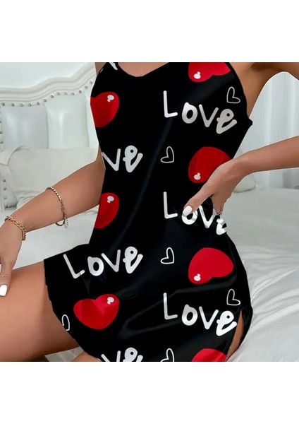 Love Desenli Siyah Saten Gecelik Siyah